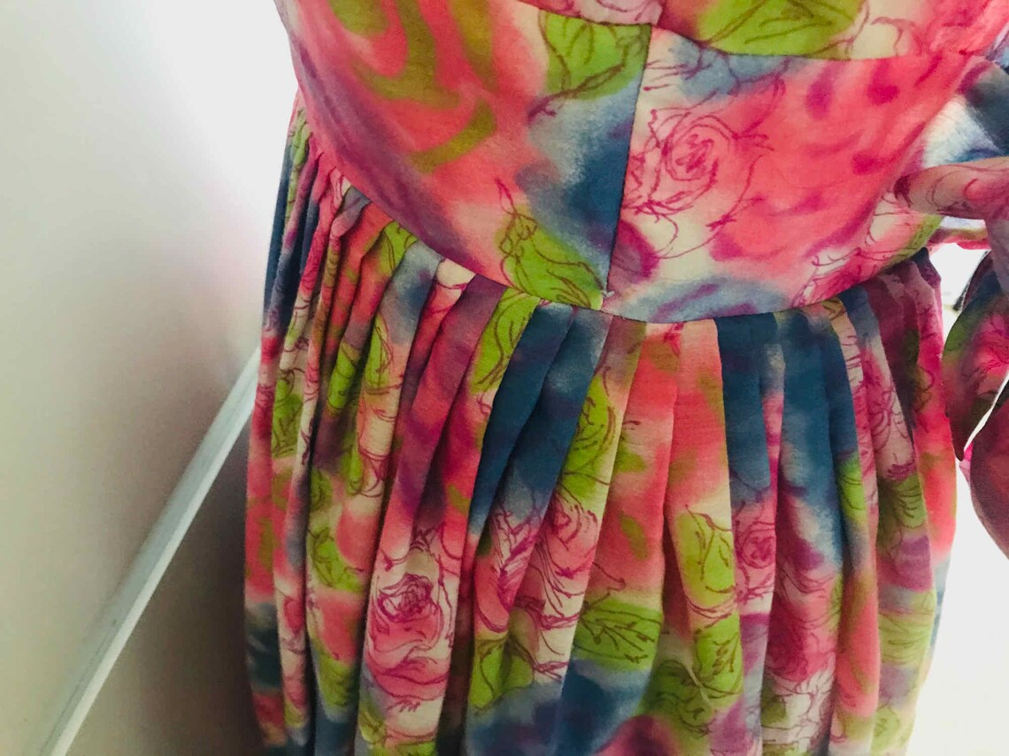 50s Party Dress Pink & Blue Floral made in New York Original// Full Skirt