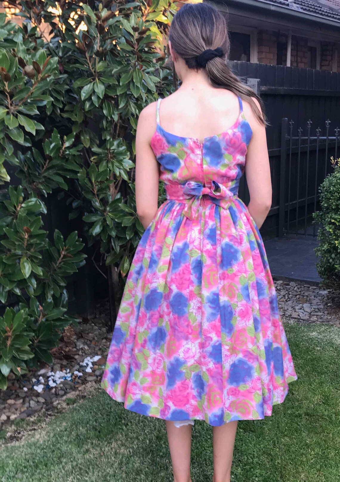 50s Party Dress Pink & Blue Floral made in New York Original// Full Skirt