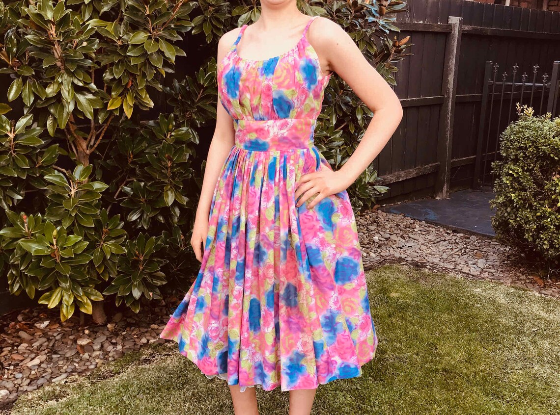 50s Party Dress Pink & Blue Floral made in New York Original// Full Skirt