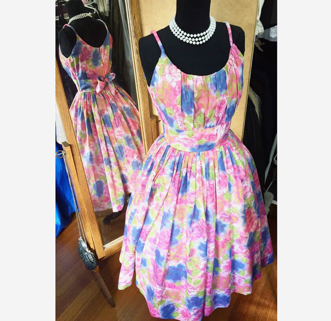 50s Party Dress Pink & Blue Floral made in New York Original// Full Skirt