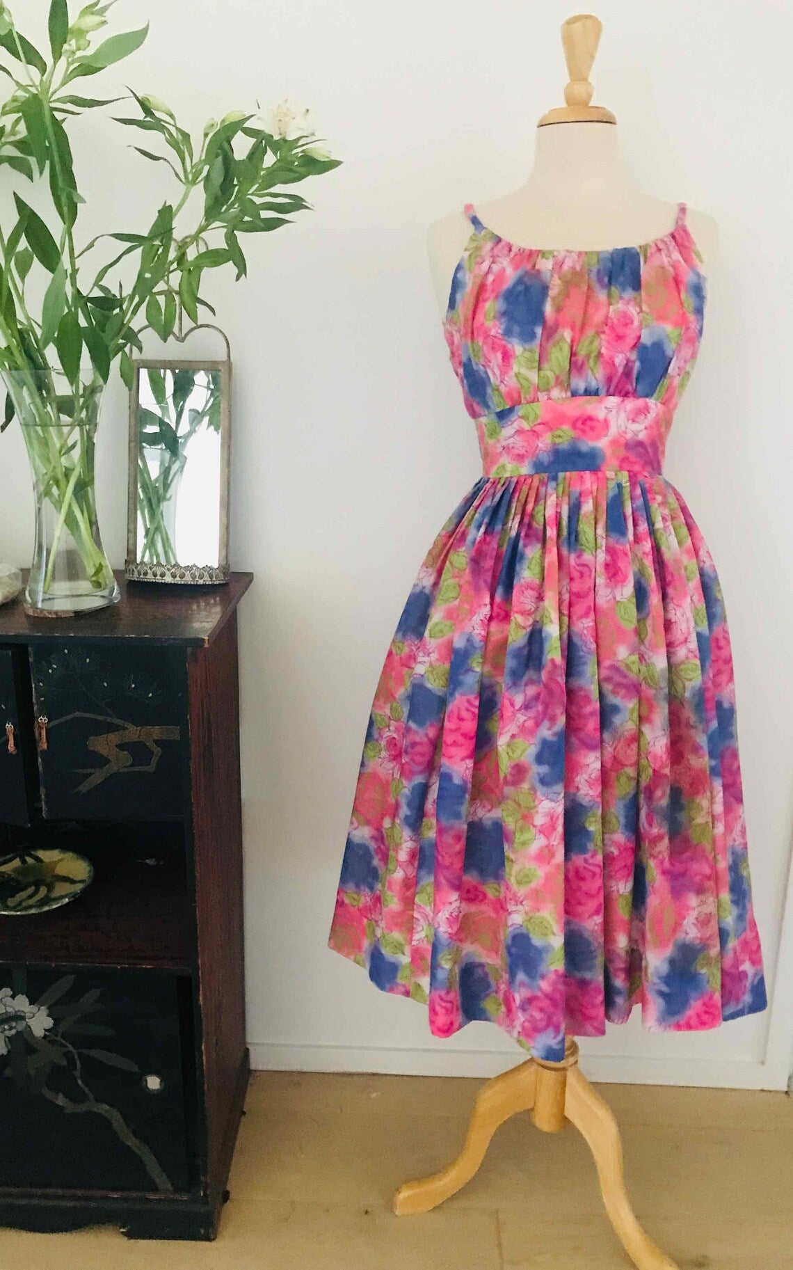 50s Party Dress Pink & Blue Floral made in New York Original// Full Skirt