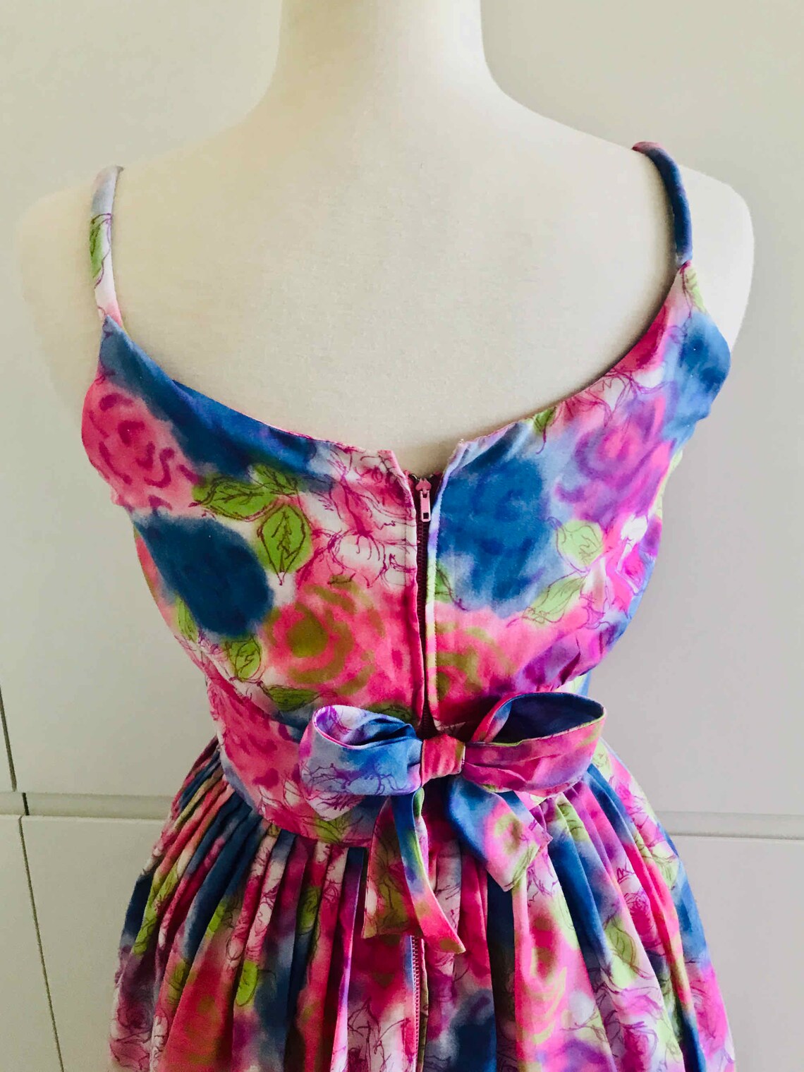 50s Party Dress Pink & Blue Floral made in New York Original// Full Skirt