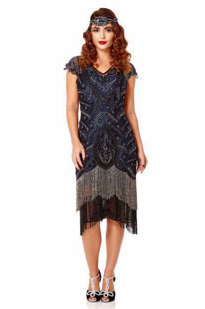 1920s Vegas Fringe Gatsby Dress in Black & Navy