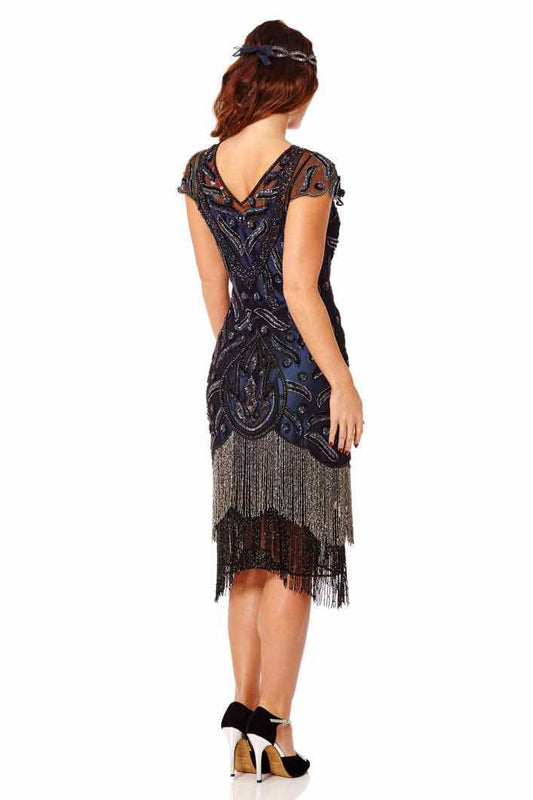 1920s Vegas Fringe Gatsby Dress in Black & Navy