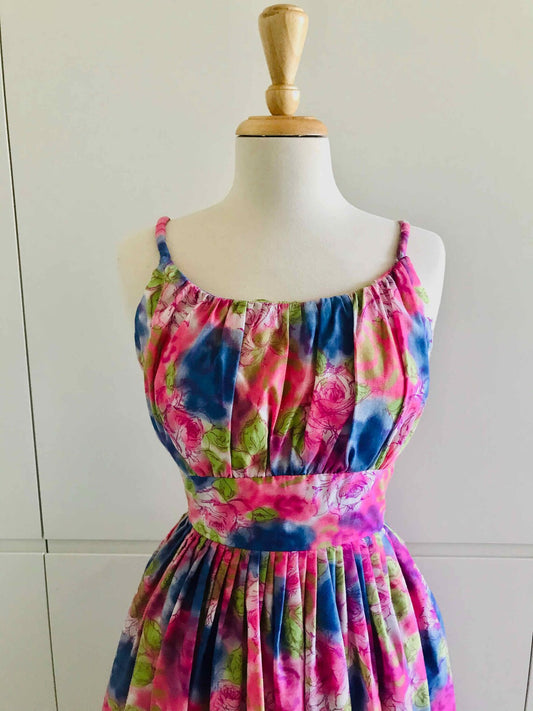 50s Party Dress Pink & Blue Floral made in New York Original// Full Skirt