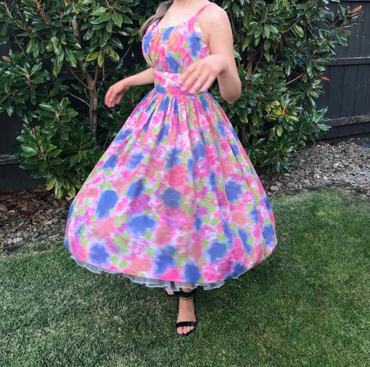 50s Party Dress Pink & Blue Floral made in New York Original// Full Skirt